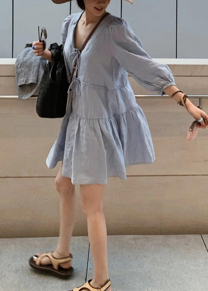 Blue V Neck Lace Up Linen Mid Dress Bracelet Sleeve