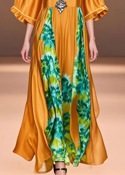 Handmade Caramel Oversized Print Silk Holiday Dress Summer