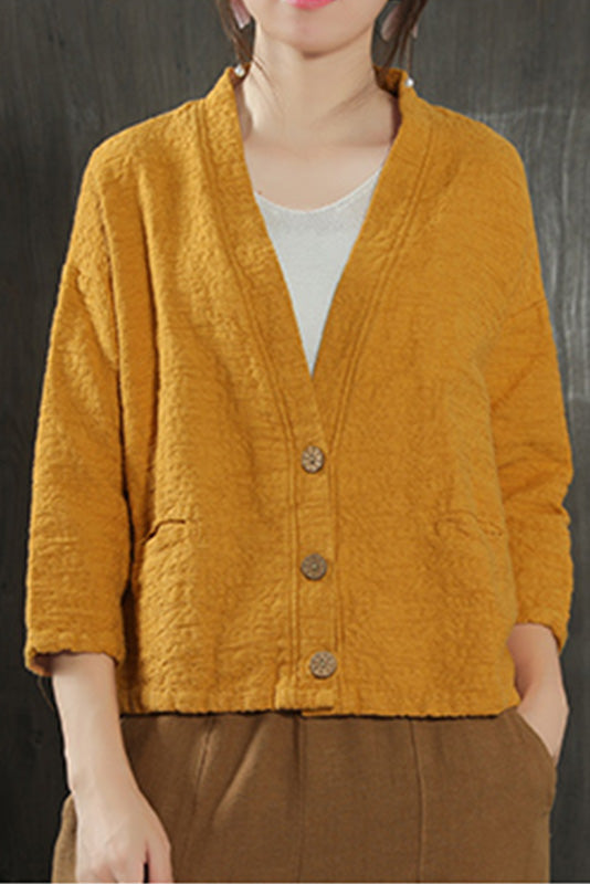 V-neck Cotton & Linen Thin Long-sleeved Jacket
