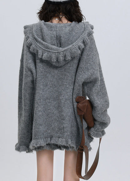 Grey Cotton Knit Hooded Cardigan and Skirts Two Pieces Set Puff Sleeve