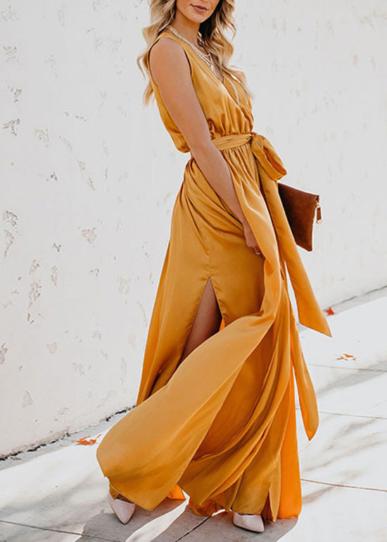 Unique Yellow V Neck Side Open Lace Up Silk Dress Summer