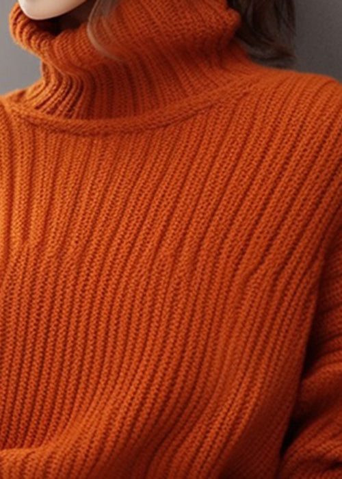 Simple Orange Turtleneck Thick Knit Sweaters Spring