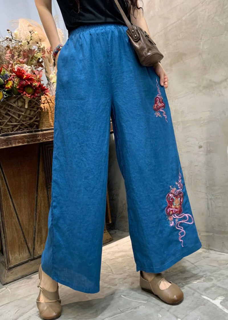 Blue Loose Linen Wide Leg Pants Elastic Waist Summer