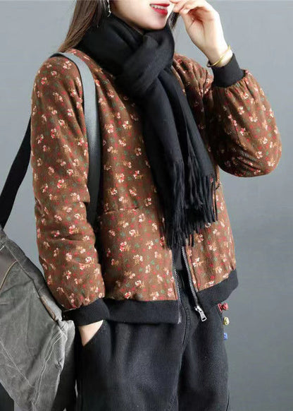 Red Print Zip Up Pockets Patchwork Fine Cotton Filled Witner Coats