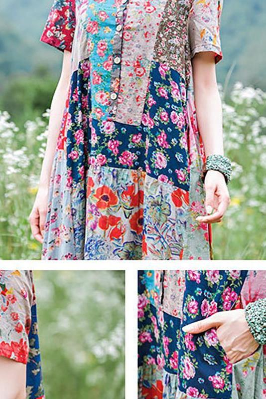 Print Splicing Short Sleeve 100% Cotton Dress