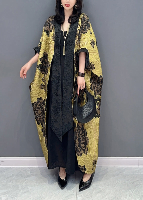 Chinese Style Yellow Patchwork Cotton Cardigan Batwing Sleeve