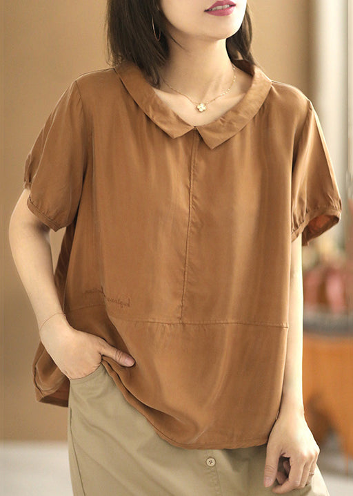 Loose Caramel Peter Pan Collar Silk Cotton Tops Summer