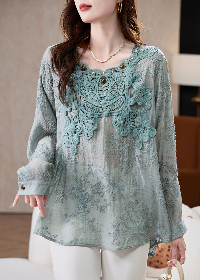 Natural Blue Embroidered Hollow Out Chiffon Top Spring