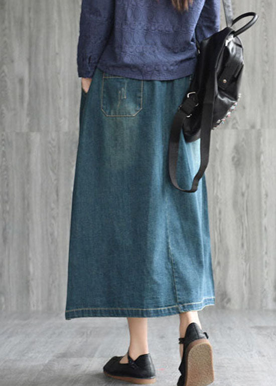 Natural Dark Blue Pockets Embroidered Cotton Denim Skirts Spring