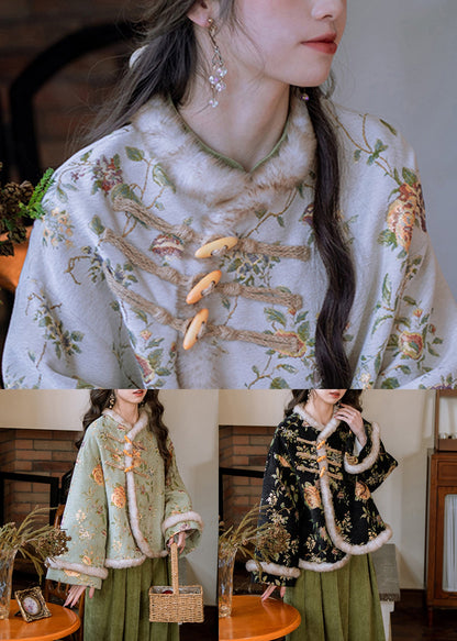 Chinese Style Black Button Patchwork Warm Fleece Parka Winter