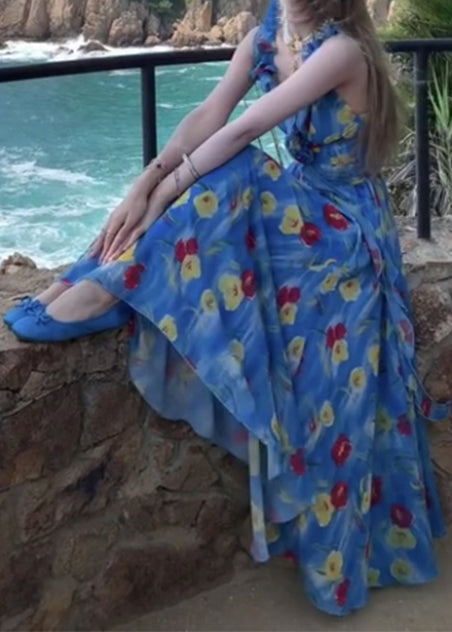 Blue Backless Print Chiffon Ankle Dress Summer