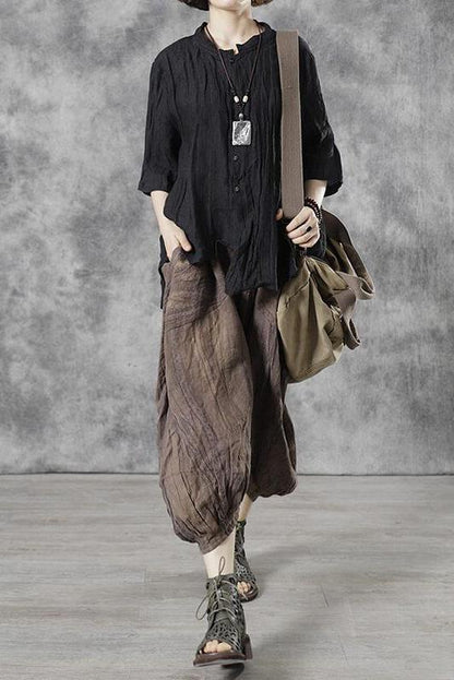 Linen Pleated Elastic Waist Pocket Lantern Pants
