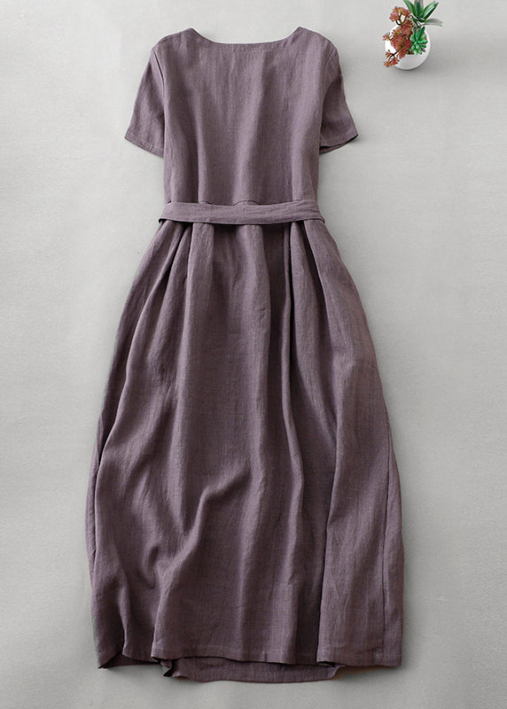 Purple O Neck Tie Waist Pockets Linen Long Dress Summer