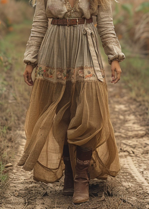 V Neck Print Wrinkled Cotton Long Dress Spring