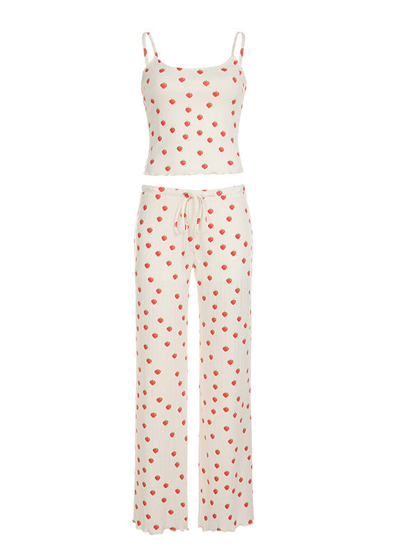 White Print Tops and Pants Cotton Two Pieces Set Summer