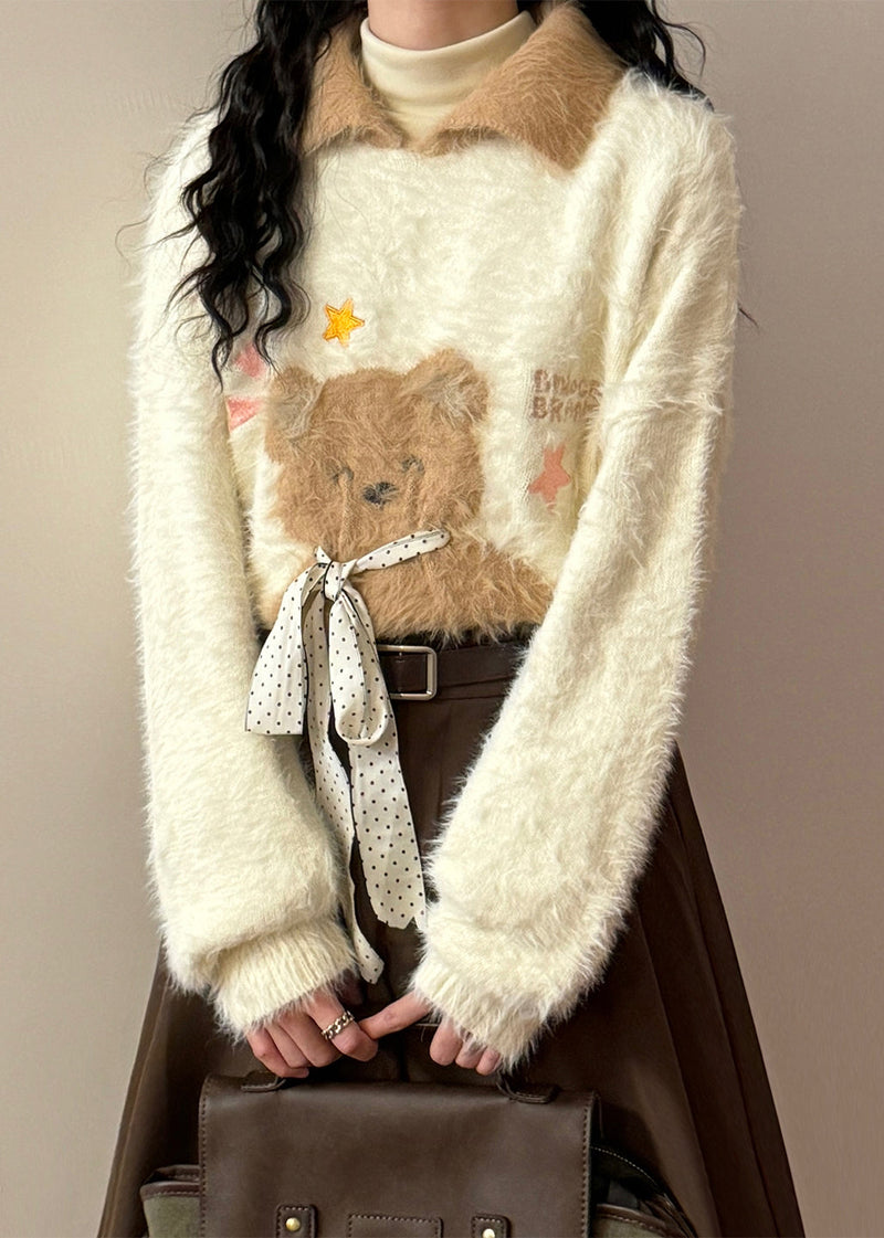 Apricot Peter Pan Collar Little Bear Bow Mink Hair Knitted Sweaters Winter