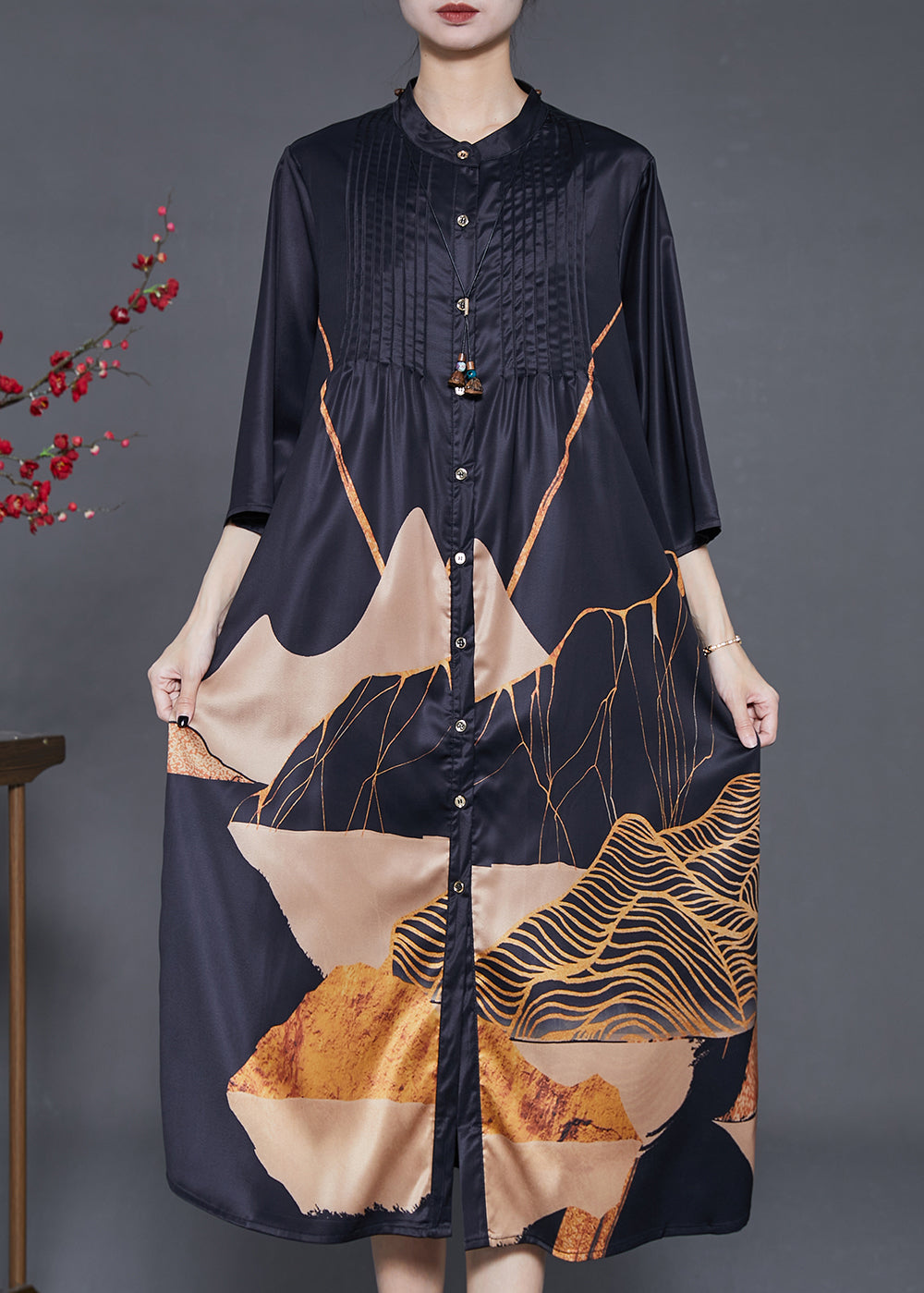 Black Print Wrinkled Silk Shirt Dress Summer