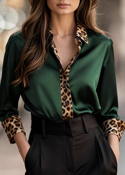 French Grey Peter Pan Collar Leopard Patchwork Silk Top Spring