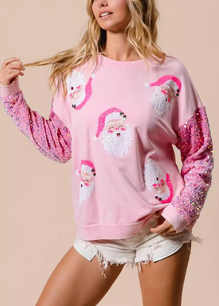 New Pink Sequin Spliced Christmas Long Sleeved Sweatshirt