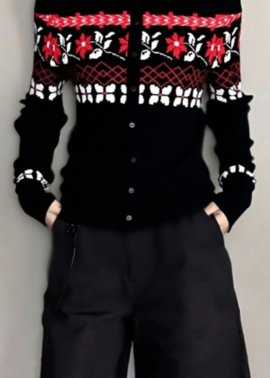 Black Cold Shoulder Jacquard Knit Tops Winter