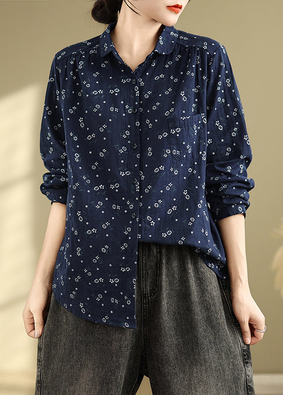 White Peter Pan Collar Print Cotton Shirts Top Spring