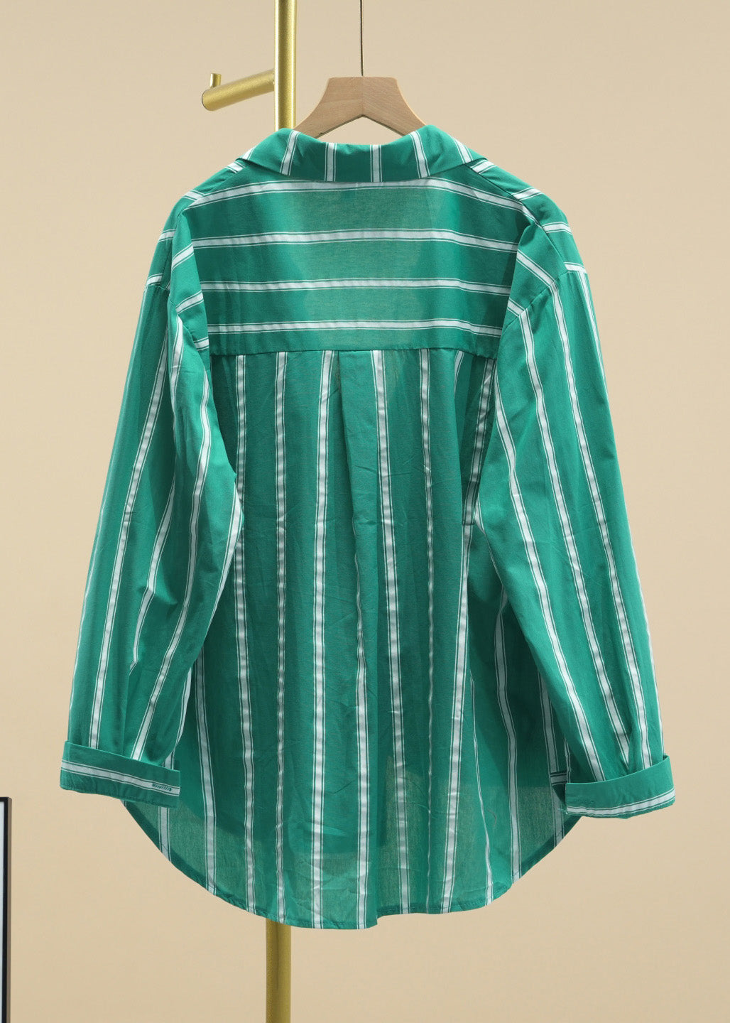 Green Peter Pan Collar Striped Button Cotton Shirt Fall