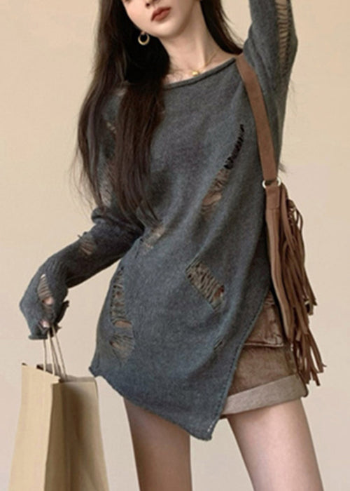 Grey Asymmetrical Hollow Out Knit Sweater Spring