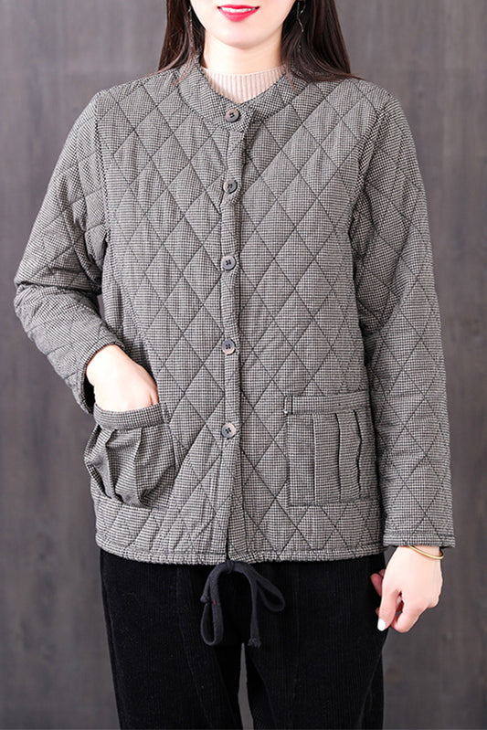 New Plaid Short Coat Cotton Linen Loose Quilted Jacket