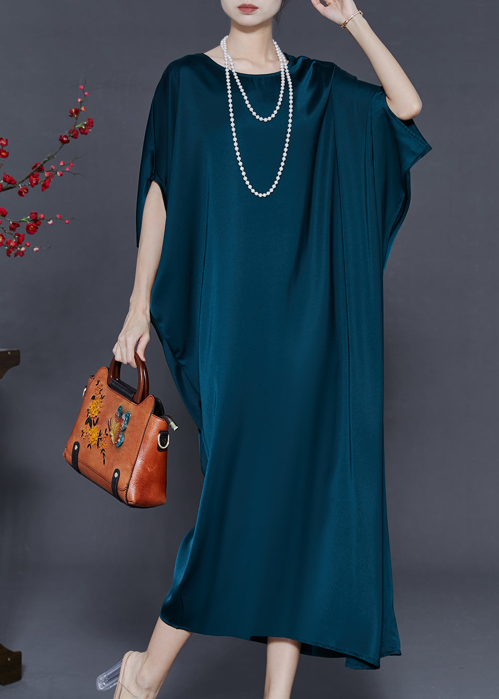 Peacock Blue Oversized Silk Party Dress Batwing Sleeve