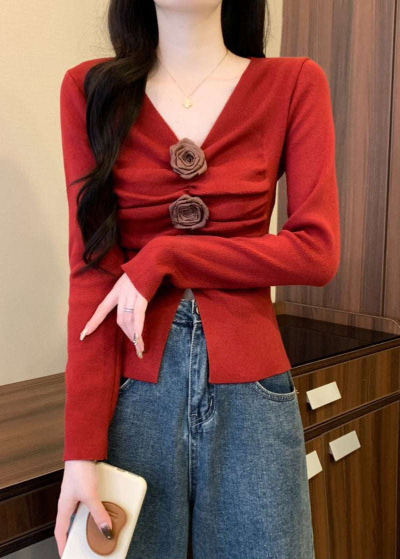 Stylish Red Wrinkled Knit Sweater Spring