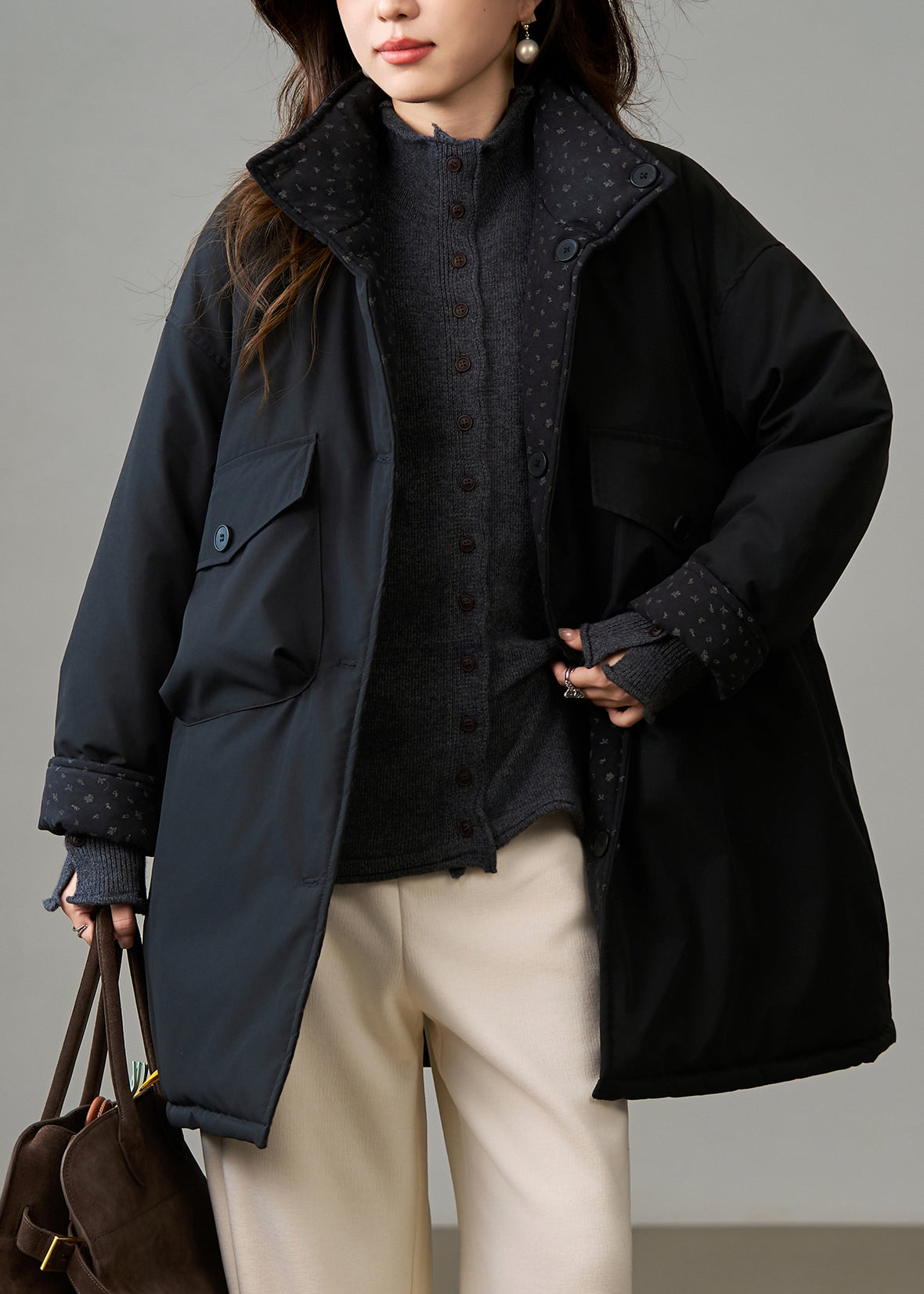 Diy Black Stand Collar Wear on Both Sides Fine Cotton Filled Winter Coats