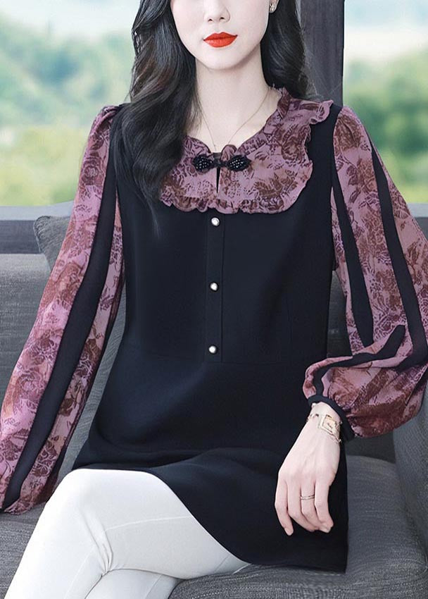 Purple Chinese Button Patchwork Spandex Fake Two Piece Tops Fall