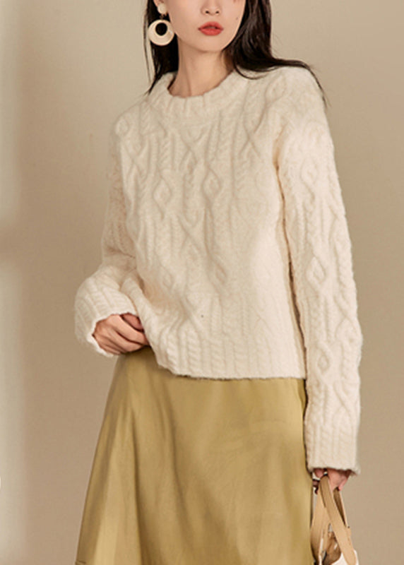 Natural Orange O-neck Cable Thick Cotton Knit Sweaters Winter