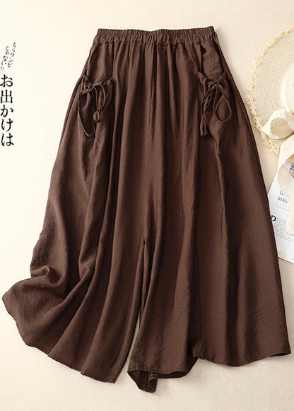 White Elastic Waist Pockets Cotton Wide Leg Pants Summer