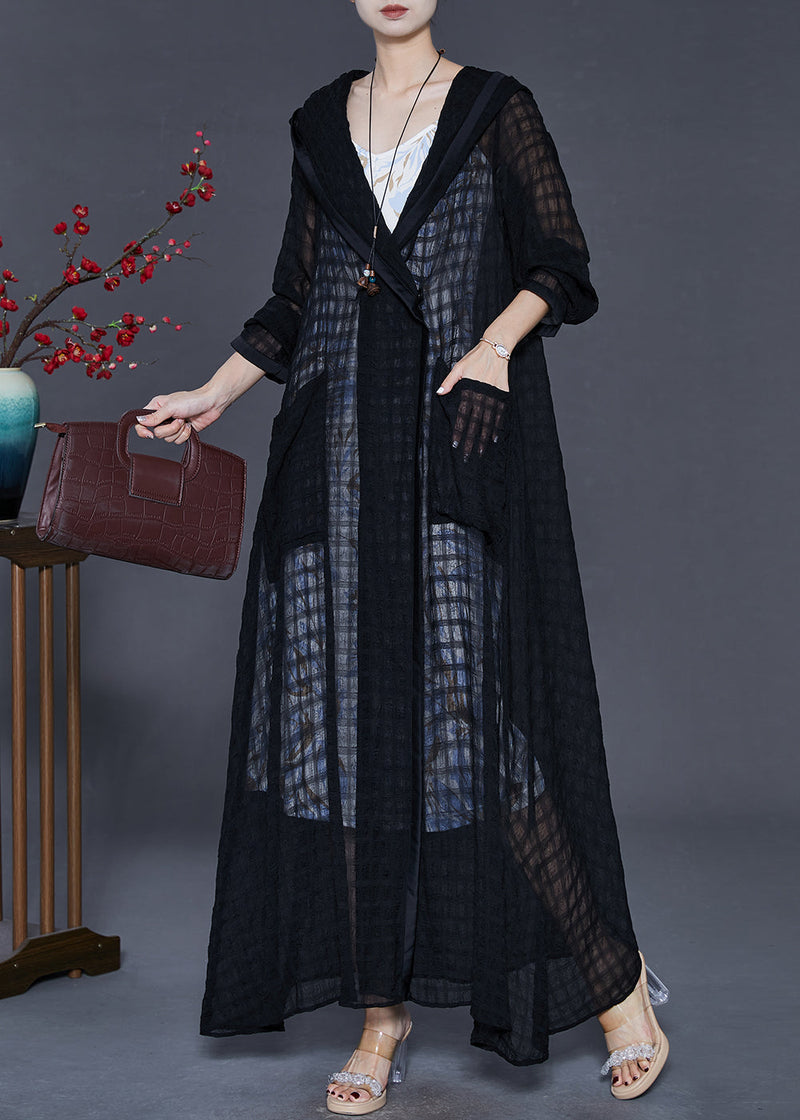 Black Hooded Plaid Tulle Cardigans Spring