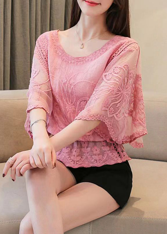 Grey Embroidered Hollow Out Cotton Top Batwing Sleeve