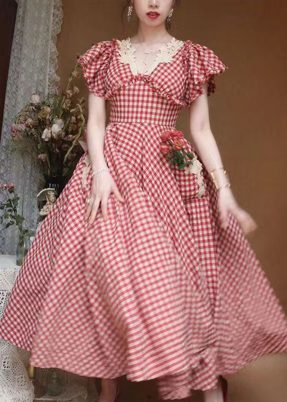Classy Plaid V Neck Ruffled Pockets Cotton Dresses Summer