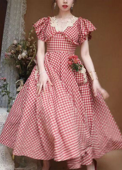Classy Plaid V Neck Ruffled Pockets Cotton Dresses Summer