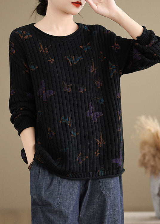 Black O Neck Print Cotton Knit Sweaters Spring