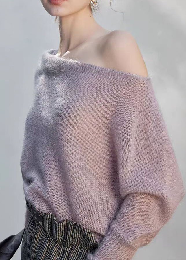 Light Purple Cold Shoulder Knit Shirts Top Fall