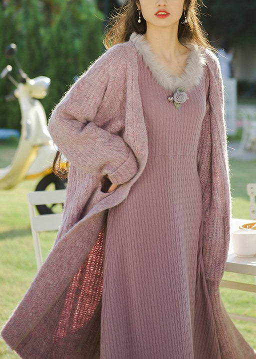 Purple V Neck Pockets Patchwork Knit Cardigan Long Sleeve