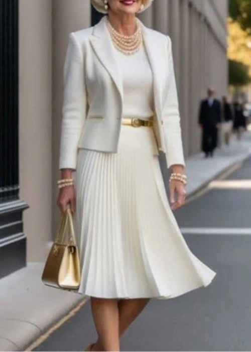 White Suit Coats and Dresses Cotton Two-piece Set Fall