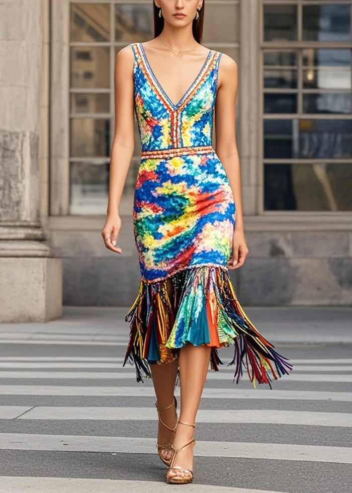 Multicolou Print Knit Dresses Tasseled Summer