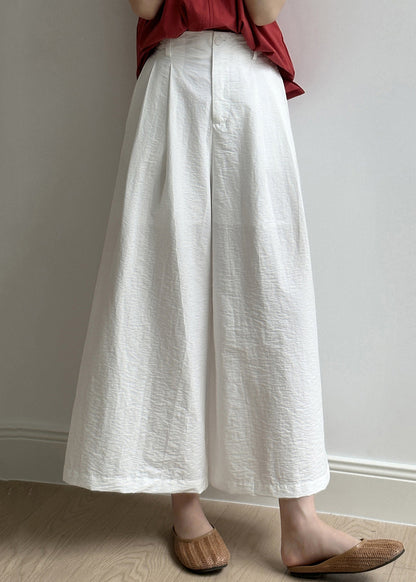 Simple White Pockets Elastic Waist Cotton Wide Leg Pants Fall