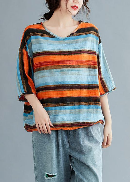 Simple Striped Linen Cotton Clothes Work Drawstring Summer Shirt