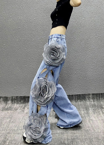 Original Design Blue Hollow Out Denim Wide Leg Pants Fall