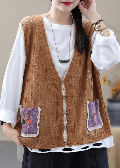 Style Khaki Embroidered Pockets Fall Shirt Knit Vest Sleeveless