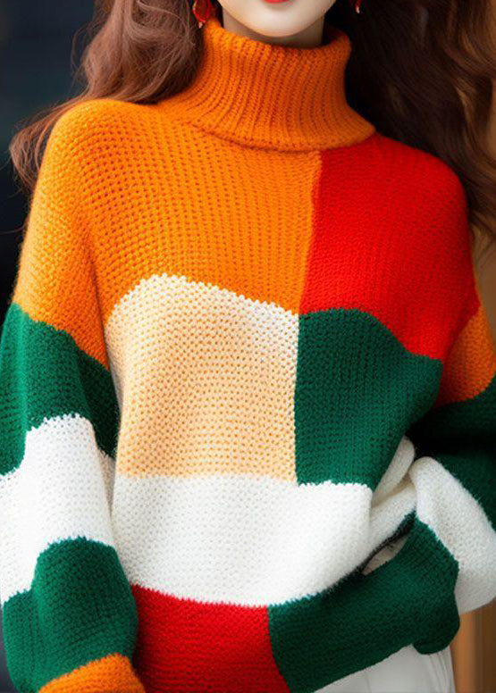 New Colorblock Hign Neck Knit Sweater Tops Spring