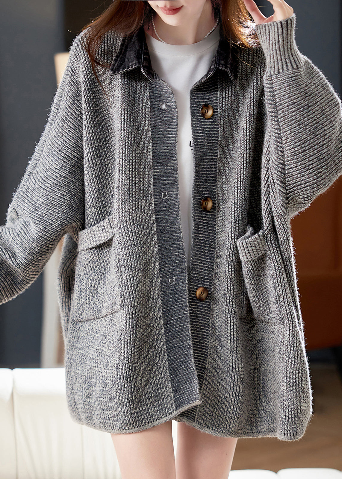 Grey Denim Patchwork Pockets Cotton Knit Cardigans Lantern Sleeve