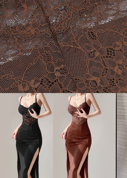 Brown Side Open Maxi Spaghetti Strapdresses Sleeveless